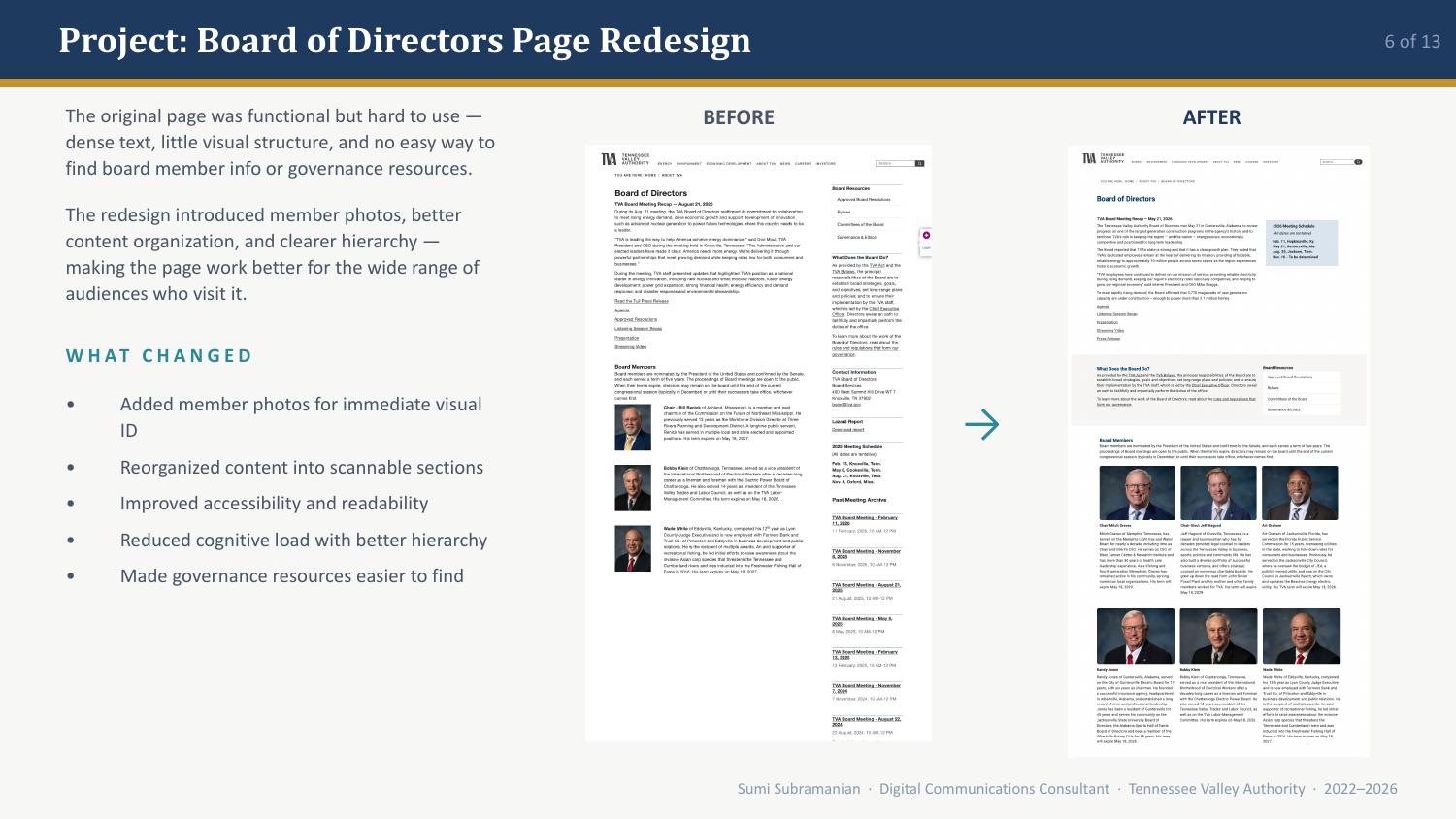 Board of Directors page before and after redesign: before showing dense text with little visual structure; after showing member photos and content reorganized into scannable sections