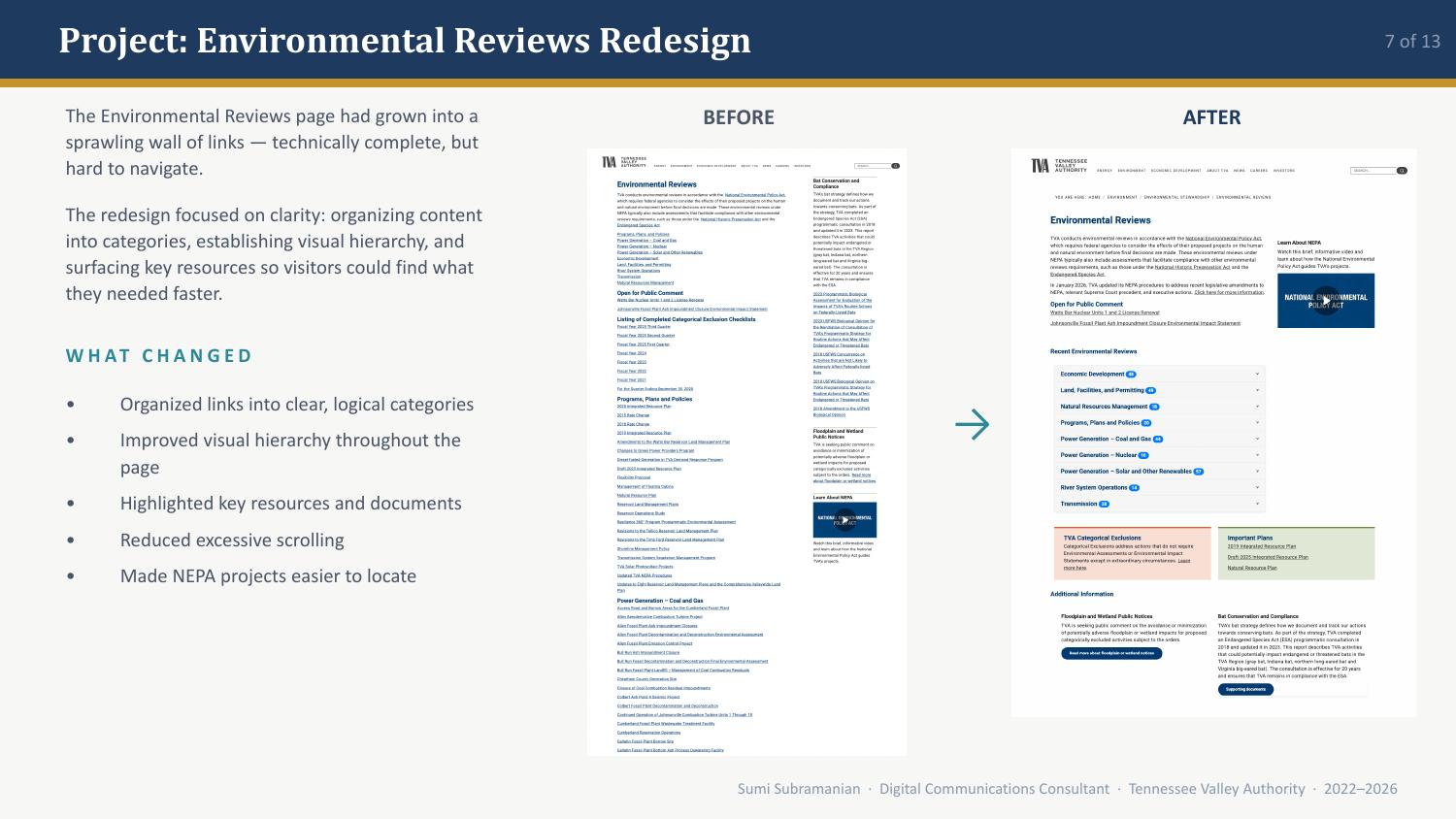 Environmental Reviews page before and after: before showing a sprawling wall of links; after showing organized categories with clear visual hierarchy and section labels